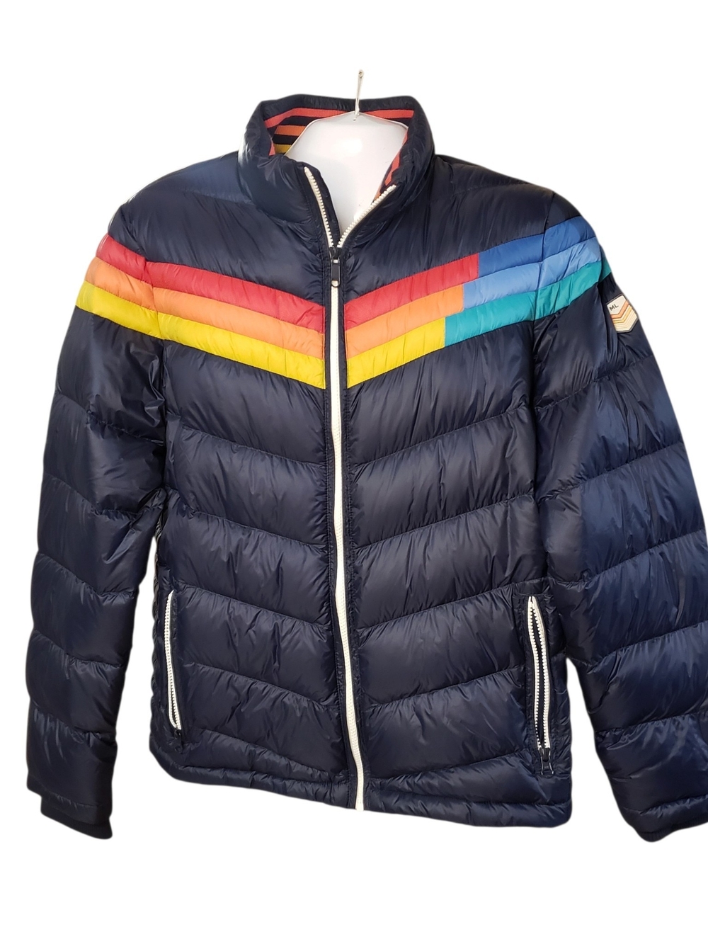 Marine Layer Archive Men's Navy Puffer Jacket with Rainbow Chevron Size L